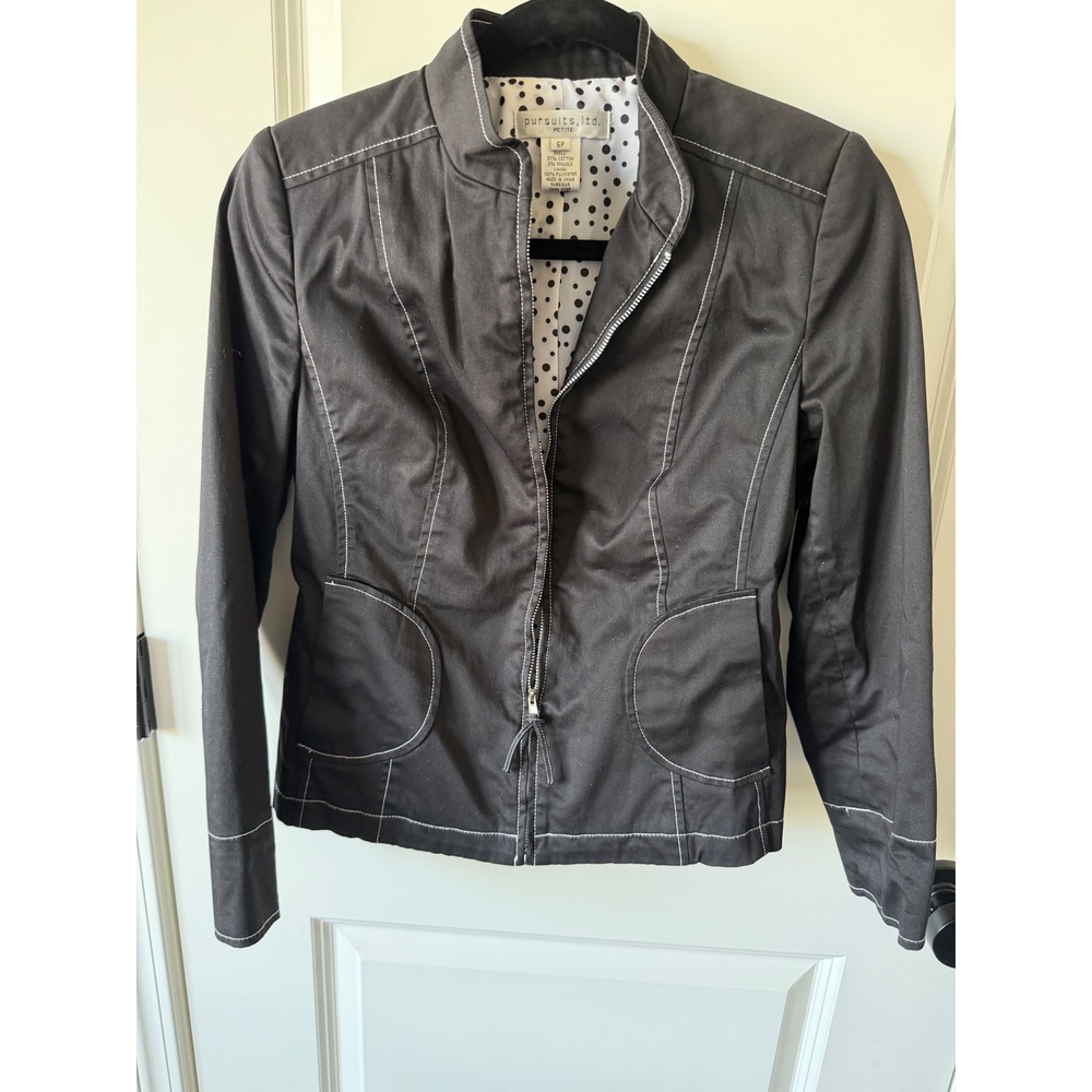 Pursuits Ltd Petite Black Contrast Stitch Zip Front Polka Dot Lined Jacket 6P